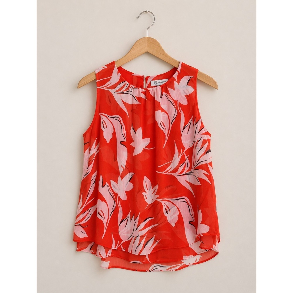 Coral Floral Sleeveless Blouse Womens Large Sheer Layered Beach Resort Top